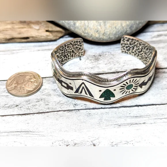 Carolyn Pollock Vintage Rare Storyteller Sterling & Inlay Stone Cuff Bracelet - Picture 7 of 10